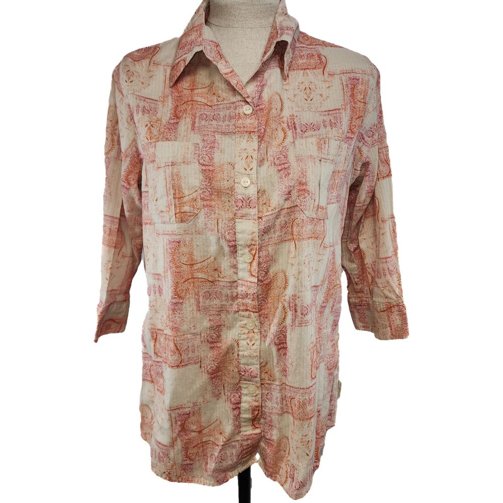 Woolrich Pink & Beige Button Down Shirt Roll Tab Sleeves Size M